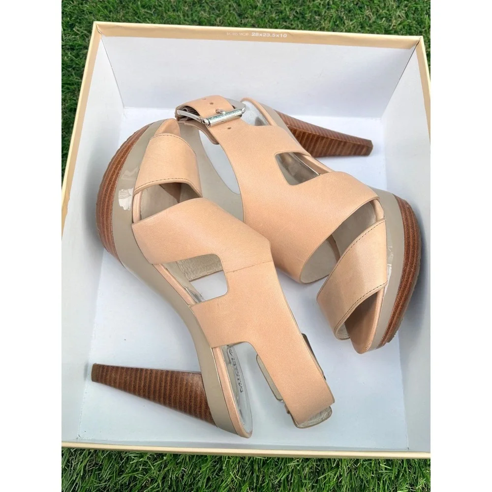 Michael Kors Carla Platform‎ Sandals Taupe Leather Wood Heel 40S1CRHA2L Mens 7.5